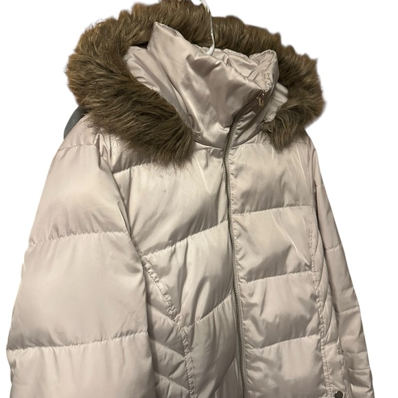 Kenneth Cole Reaction Down Quilted Long Winter Coat Cream Faux Fur Hood L - Picture 3 of 9